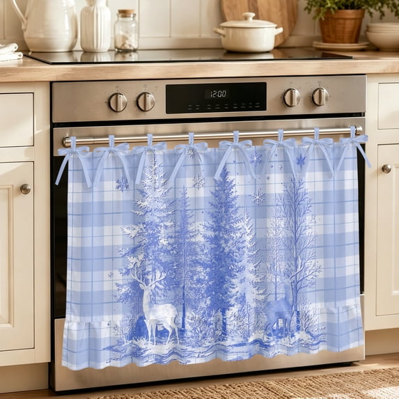 Oven Skirt Curtain for Kitchen 20x27 Inch, Blue Christmas Oven Curtain with 8 Ribbon Ties & Ruffle Trim, Stove Skirt Curtain Dishwasher for Cabinets Sinks Xmas Tree Forest Elk Snowflake Blue Plaid