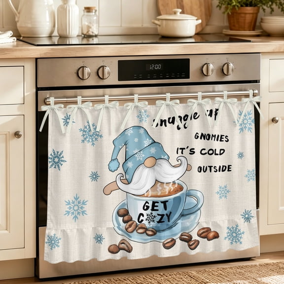 Oven Skirt Curtain for Kitchen 20x27 Inch, Blue Gnomes Oven Curtain with 8 Ribbon Ties & Ruffle Trim, Stove Skirt Curtain Dishwasher for Cabinets Over Sinks Coffee Snowflake Winter Rustic