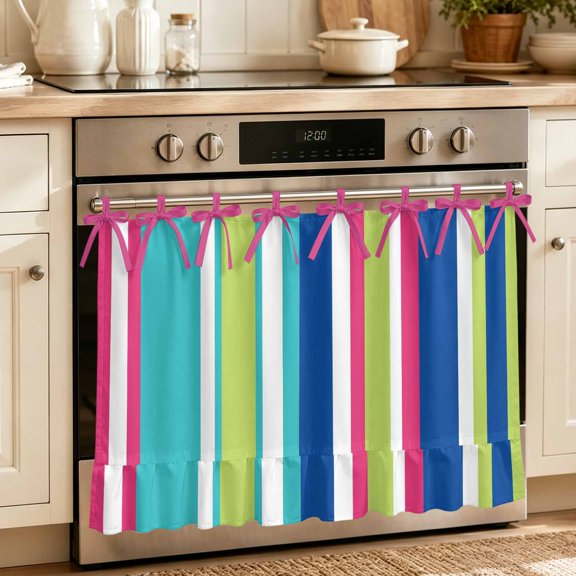 Oven Skirt Curtain for Kitchen 20x27 Inch, Blue Green Striped Oven Curtain with 8 Ribbon Ties & Ruffle Trim, Stove Skirt Curtain Dishwasher for Cabinets Over Sinks Geometric Abstract Art Aesthetic