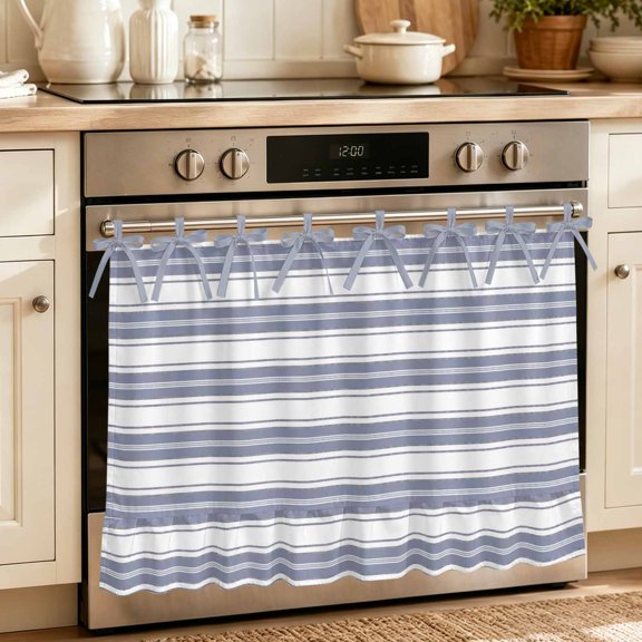 Oven Skirt Curtain for Kitchen 20x27 Inch, Blue Striped Oven Curtain with 8 Ribbon Ties & Ruffle Trim, Stove Skirt Curtain Dishwasher for Cabinets Over Sinks Farmhouse Stripes Cottagecore Minimalist