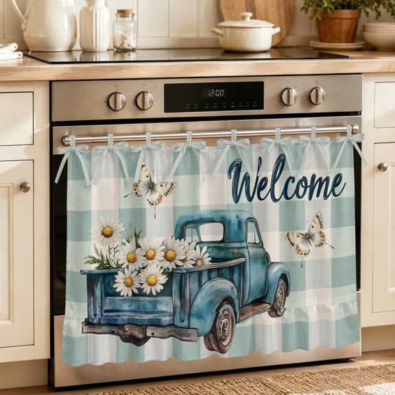 Oven Skirt Curtain for Kitchen 20x27 Inch, Blue Truck Spring Floral Oven Curtain with 8 Ribbon Ties & Ruffle Trim, Stove Skirt Curtain Dishwasher for Cabinets Sinks Teal Plaid Butterflies Vintage
