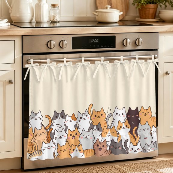 Oven Skirt Curtain for Kitchen 20x27 Inch, Cartoon Cat Oven Curtain with 8 Ribbon Ties & Ruffle Trim, Stove Skirt Curtain Dishwasher for Cabinets Over Sinks Modern Simple Funny Cute Animals Art