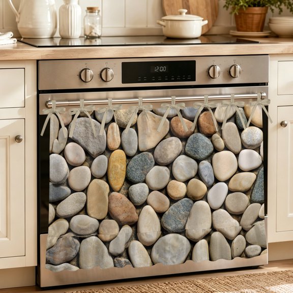Oven Skirt Curtain for Kitchen 20x27 Inch, Cobblestones Oven Curtain with 8 Ribbon Ties & Ruffle Trim, Stove Skirt Curtain Dishwasher for Cabinets Over Sinks Gravel Rock Natural Stones Pattern Art