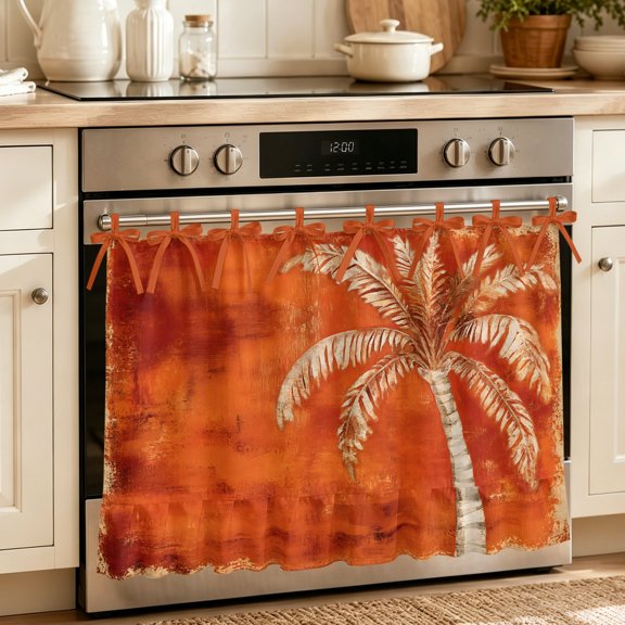 Oven Skirt Curtain for Kitchen 20x27 Inch, Coconut Palm Trees Oven Curtain with 8 Ribbon Ties & Ruffle Trim, Stove Skirt Curtain Dishwasher for Cabinets Over Sinks Summer Tropical Plants Rust Red