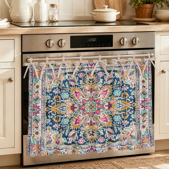 Oven Skirt Curtain for Kitchen 20x27 Inch, Colorful Boho Oven Curtain with 8 Ribbon Ties & Ruffle Trim, Stove Skirt Curtain Dishwasher for Cabinets Sinks Ethnic Vintage Mexican Flowers Southwestern
