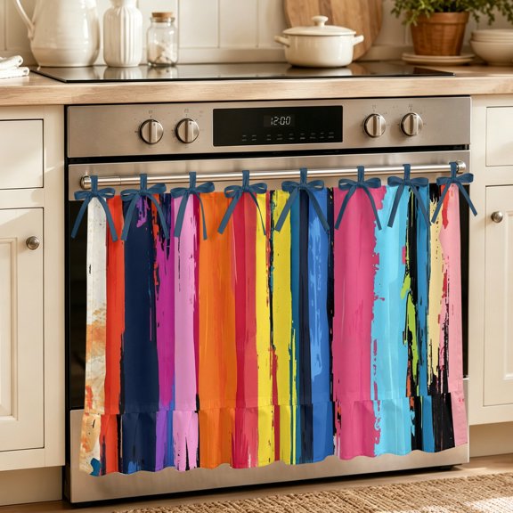 Oven Skirt Curtain for Kitchen 20x27 Inch, Colorful Striped Oven Curtain with 8 Ribbon Ties & Ruffle Trim, Stove Skirt Curtain Dishwasher for Cabinets Over Sinks Modern Rainbow Abstract Graffiti Art