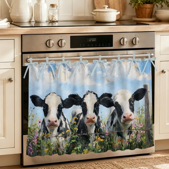 Oven Skirt Curtain for Kitchen 20x27 Inch, Country Farmhouse Oven Curtain with 8 Ribbon Ties & Ruffle Trim, Stove Skirt Curtain Dishwasher for Cabinets Sinks Farm Cute Plant Sky Cloud Oil Painting