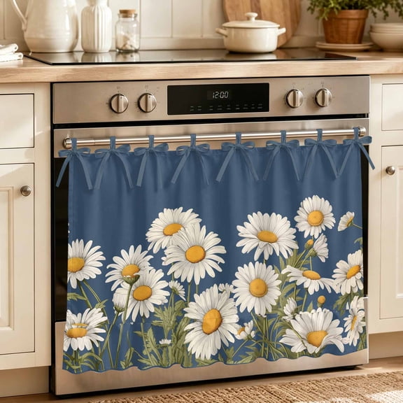 Oven Skirt Curtain for Kitchen 20x27 Inch, Daisy Oven Curtain with 8 Ribbon Ties & Ruffle Trim, Stove Skirt Curtain Dishwasher for Cabinets Over Sinks Spring Floral Summer Botanical Elegant Navy Blue