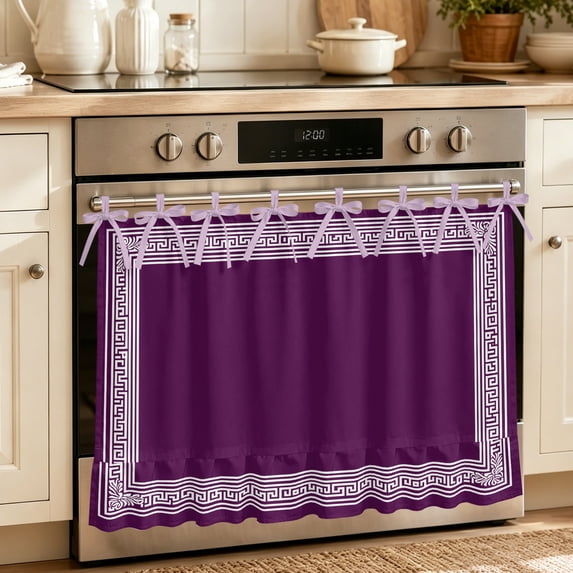 Oven Skirt Curtain for Kitchen 20x27 Inch, Dark Purple Greek Key Oven Curtain with 8 Ribbon Ties & Ruffle Trim, Stove Skirt Curtain Dishwasher for Cabinets Geometric Greece Ancient Farmhouse Geo