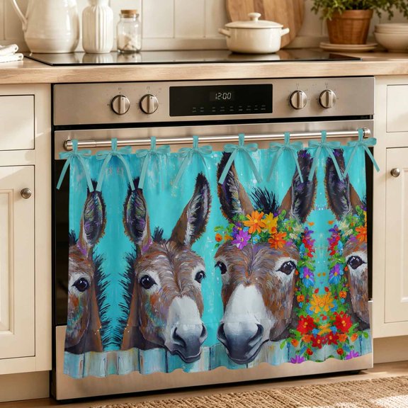 Oven Skirt Curtain for Kitchen 20x27 Inch, Donkey Couple Oven Curtain with 8 Ribbon Ties & Ruffle Trim, Stove Skirt Curtain Dishwasher for Cabinets Over Sinks Funny Animals Flowwers Wooden Oil Paint