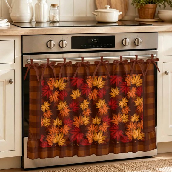 Oven Skirt Curtain for Kitchen 20x27 Inch, Fall Maple Leaves Oven Curtain with 8 Ribbon Ties & Ruffle Trim, Stove Skirt Curtain Dishwasher for Cabinets Over Sinks Brown Leaf Farmhouse Retro Plaid