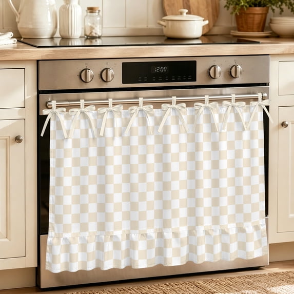 Oven Skirt Curtain for Kitchen 20x27 Inch, Farmhouse Beige Plaid Oven Curtain with 8 Ribbon Ties & Ruffle Trim, Stove Skirt Curtain Dishwasher for Cabinets Over Sinks Rustic Vintage Grid Checkerboard