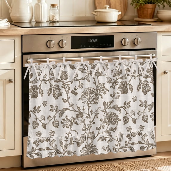 Oven Skirt Curtain for Kitchen 20x27 Inch, Farmhouse Brown Oven Curtain with 8 Ribbon Ties & Ruffle Trim, Stove Skirt Curtain Dishwasher for Cabinets Over Sinks Vintage Flower Leaf Botanical Plant