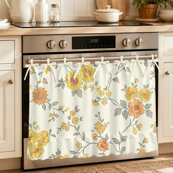 Oven Skirt Curtain for Kitchen 20x27 Inch, Farmhouse Sunflowers Blossoms Oven Curtain with 8 Ribbon Ties & Ruffle Trim, Stove Skirt Curtain Dishwasher for Cabinets Over Sinks Vintage Rustic Flowers