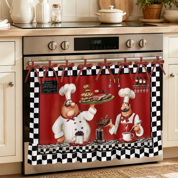 Oven Skirt Curtain for Kitchen 20x27 Inch, Fat Chefs Oven Curtain with 8 Ribbon Ties & Ruffle Trim, Stove Skirt Curtain Dishwasher for Cabinets Over Sinks Funny Kitchen Cooking Forks Black Plaid