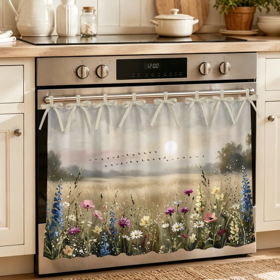 Oven Skirt Curtain for Kitchen 20x27 Inch, Floral Meadow Oven Curtain with 8 Ribbon Ties & Ruffle Trim, Stove Skirt Curtain Dishwasher for Cabinets Over Sinks Cottagecore Pastoral Wildflowers