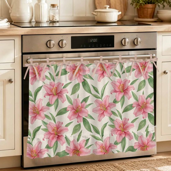 Oven Skirt Curtain for Kitchen 20x27 Inch, Flowers Oven Curtain with 8 Ribbon Ties & Ruffle Trim, Stove Skirt Curtain Dishwasher for Cabinets Over Sinks Pink Spring Floral Elegant Pastoral Rustic
