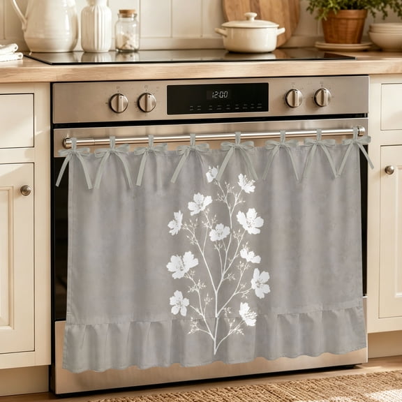 Oven Skirt Curtain for Kitchen 20x27 Inch, Gray Floral Blossom Oven Curtain with 8 Ribbon Ties & Ruffle Trim, Stove Skirt Curtain Dishwasher for Cabinets Over Sink Farmhouse Vintage Botanical Flowers