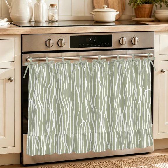 Oven Skirt Curtain for Kitchen 20x27 Inch, Green Waves Stripes Oven Curtain with 8 Ribbon Ties & Ruffle Trim, Stove Skirt Curtain Dishwasher for Cabinets Over Sinks Vintage Minimalist Lines Texture