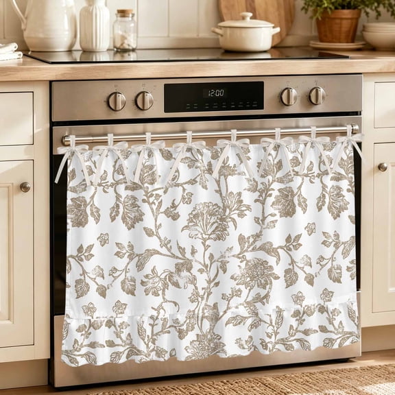 Oven Skirt Curtain for Kitchen 20x27 Inch, Khaki Flower Oven Curtain with 8 Ribbon Ties & Ruffle Trim, Stove Skirt Curtain Dishwasher for Cabinets Over Sinks Vintage Farmhouse Boho Leaf Spring Plant