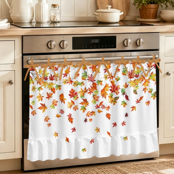 Oven Skirt Curtain for Kitchen 20x27 Inch, Maple Leaf Fall Oven Curtain with 8 Ribbon Ties & Ruffle Trim, Stove Skirt Curtain Dishwasher for Cabinets Sinks Thanksgiving Autumn Botanical Watercolor