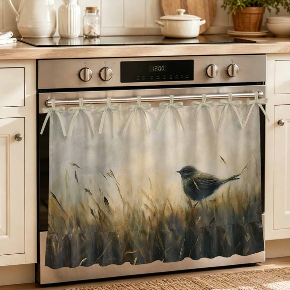 Oven Skirt Curtain for Kitchen 20x27 Inch, Meadow Birds Oven Curtain with 8 Ribbon Ties & Ruffle Trim, Stove Skirt Curtain Dishwasher for Cabinets Over Sinks Cottagecore Animal Rustic Vintage