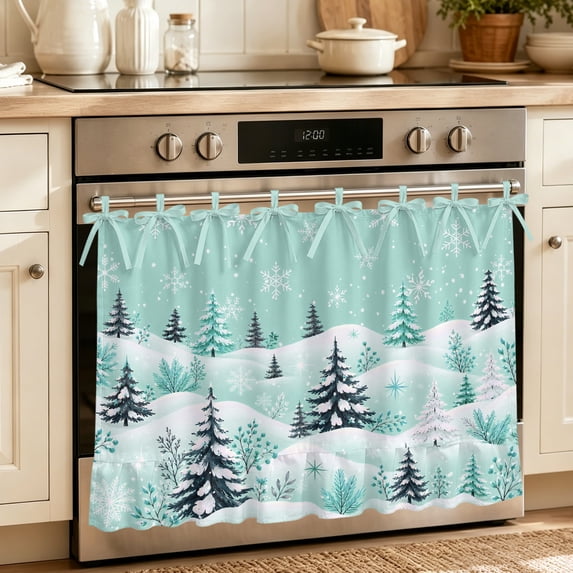 Oven Skirt Curtain for Kitchen 20x27 Inch, Mint Green Christmas Oven Curtain with 8 Ribbon Ties & Ruffle Trim, Stove Skirt Curtain Dishwasher for Cabinets Over Sinks Snowflake Winter Xmas Trees