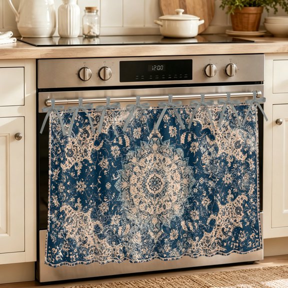 Oven Skirt Curtain for Kitchen 20x27 Inch, Navy Blue Boho Oven Curtain with 8 Ribbon Ties & Ruffle Trim, Stove Skirt Curtain Dishwasher for Cabinets Over Sinks Modern Geometric Abstract Ehtnic