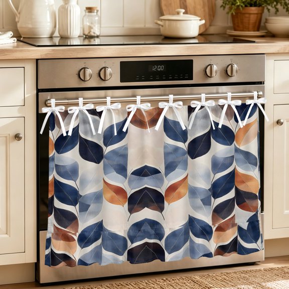 Oven Skirt Curtain for Kitchen 20x27 Inch, Navy Blue Burnt Orange Botanical Oven Curtain with 8 Ribbon Ties & Ruffle Trim, Stove Skirt Curtain Dishwasher for Cabinets Over Sinks Palm Leaf Retro