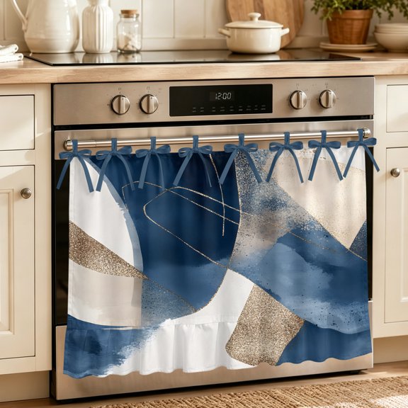 Oven Skirt Curtain for Kitchen 20x27 Inch, Navy Blue Geometric Oven Curtain with 8 Ribbon Ties & Ruffle Trim, Stove Skirt Curtain Dishwasher for Cabinets Over Sinks Abstract Art Modern
