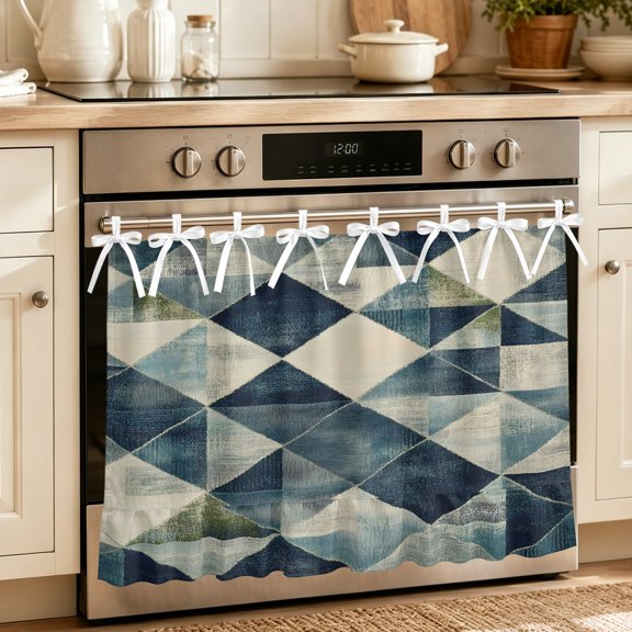 Oven Skirt Curtain for Kitchen 20x27 Inch, Navy Blue Geometric Oven Curtain with 8 Ribbon Ties & Ruffle Trim, Stove Skirt Curtain Dishwasher for Cabinets Over Sinks Abstract Modern Green Artwork