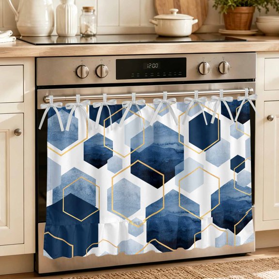 Oven Skirt Curtain for Kitchen 20x27 Inch, Navy Blue Marble Oven Curtain with 8 Ribbon Ties & Ruffle Trim, Stove Skirt Curtain Dishwasher for Cabinets Over Sinks Gold White Geometric Hexagon Modern