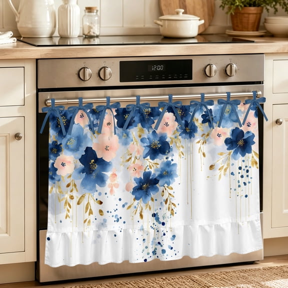 Oven Skirt Curtain for Kitchen 20x27 Inch, Navy Blue Spring Floral Oven Curtain with 8 Ribbon Ties & Ruffle Trim, Stove Skirt Curtain Dishwasher for Cabinets Over Sinks Farmhouse Butterfly