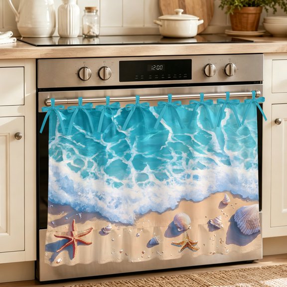 Oven Skirt Curtain for Kitchen 20x27 Inch, Ocean Beach Oven Curtain with 8 Ribbon Ties & Ruffle Trim, Stove Skirt Curtain Dishwasher for Cabinets Over Sinks Coastal Nautical Starfish Shells Sea Waves