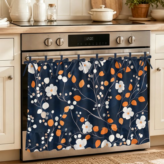 Oven Skirt Curtain for Kitchen 20x27 Inch, Orange Flower Oven Curtain with 8 Ribbon Ties & Ruffle Trim, Stove Skirt Curtain Dishwasher for Cabinets Over Sinks White Spring Pastoral Floral Navy Blue