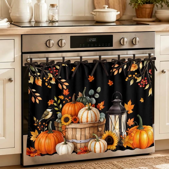 Oven Skirt Curtain for Kitchen 20x27 Inch, Orange White Pumpkin Oven Curtain with 8 Ribbon Ties & Ruffle Trim, Stove Skirt Curtain Dishwasher for Cabinets Fall Thanksgiving Maple Leaf Retro Black