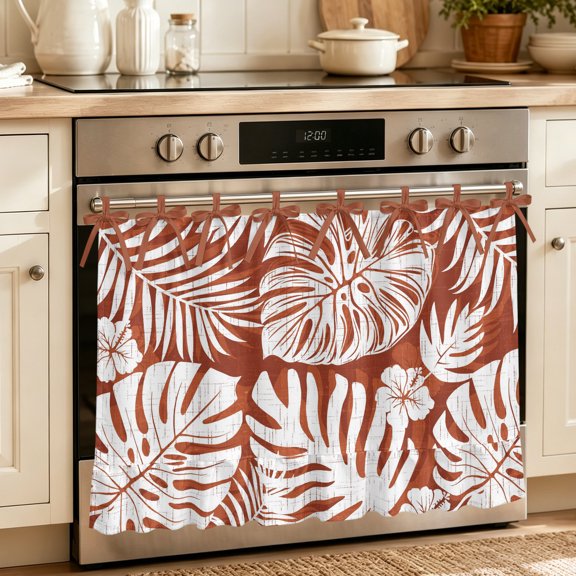 Oven Skirt Curtain for Kitchen 20x27 Inch, Palm Tree Monstera Oven Curtain with 8 Ribbon Ties & Ruffle Trim, Stove Skirt Curtain Dishwasher for Cabinets Sinks Rust Red Leaf Boho Botanical Tropical