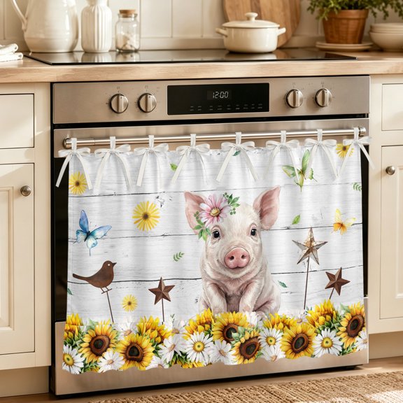 Oven Skirt Curtain for Kitchen 20x27 Inch, Pig Sunflower Western Oven Curtain with 8 Ribbon Ties & Ruffle Trim, Stove Skirt Curtain Dishwasher for Cabinets Over Sinks Rustic Daisy Grey Wooden