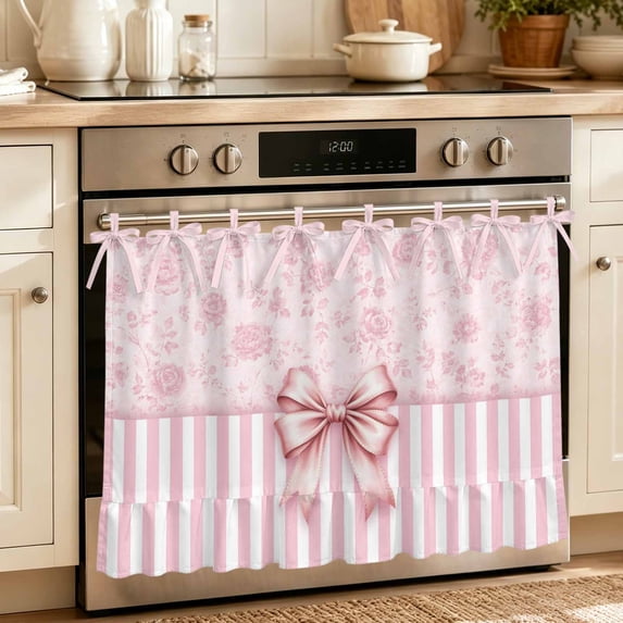 Oven Skirt Curtain for Kitchen 20x27 Inch, Pink Bow Oven Curtain with 8 Ribbon Ties & Ruffle Trim, Stove Skirt Curtain Dishwasher for Cabinets Over Sinks Farmhouse Roses Floral Stripes Rustic Modern