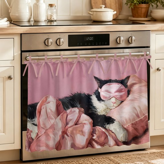 Oven Skirt Curtain for Kitchen 20x27 Inch, Pink Cat Oven Curtain with 8 Ribbon Ties & Ruffle Trim, Stove Skirt Curtain Dishwasher for Cabinets Over Sinks Vintage Funny Sleeping Cute