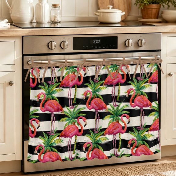 Oven Skirt Curtain for Kitchen 20x27 Inch, Pink Flamingo Oven Curtain with 8 Ribbon Ties & Ruffle Trim, Stove Skirt Curtain Dishwasher for Cabinets Over Sinks Palm Leaf Black Striped Tropical Plant