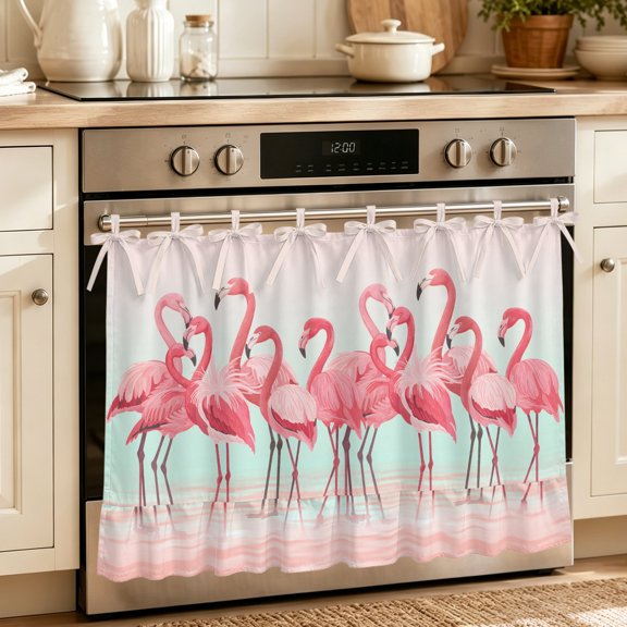 Oven Skirt Curtain for Kitchen 20x27 Inch, Pink Flamingo Oven Curtain with 8 Ribbon Ties & Ruffle Trim, Stove Skirt Curtain Dishwasher for Cabinets Over Sinks Summer Tropical Flamingo Hawaii Animals