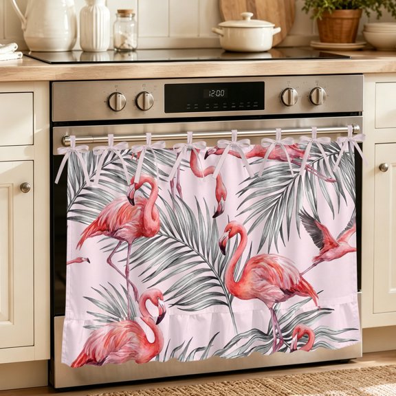 Oven Skirt Curtain for Kitchen 20x27 Inch, Pink Flamingo Oven Curtain with 8 Ribbon Ties & Ruffle Trim, Stove Skirt Curtain Dishwasher for Cabinets Over Sinks Summer Tropical Palm Leaves Watercolor