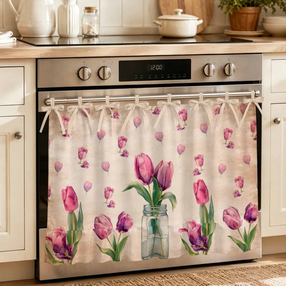 Oven Skirt Curtain for Kitchen 20x27 Inch, Pink Tulips Oven Curtain with 8 Ribbon Ties & Ruffle Trim, Stove Skirt Curtain Dishwasher for Cabinets Over Sinks Rustic Floral Flowers Petals Brown