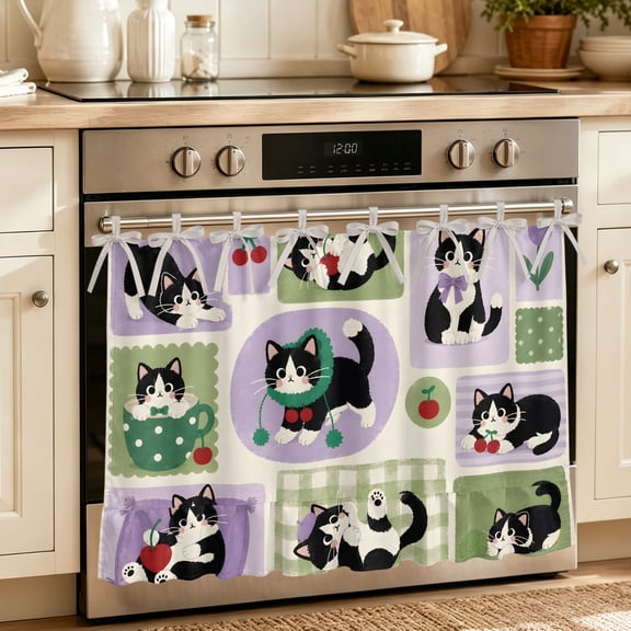Oven Skirt Curtain for Kitchen 20x27 Inch, Purple Cat Patchwork Oven Curtain with 8 Ribbon Ties & Ruffle Trim, Stove Skirt Curtain Dishwasher for Cabinets Over Sinks Farmhouse Cabin Cute Cats Plaid