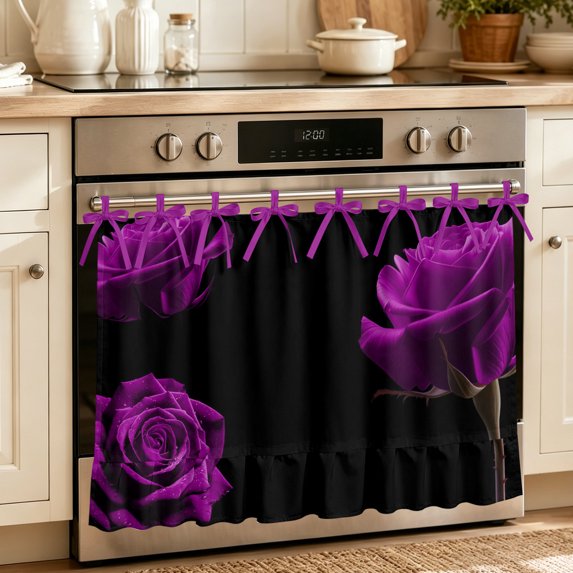 Oven Skirt Curtain for Kitchen 20x27 Inch, Purple Rose Oven Curtain with 8 Ribbon Ties & Ruffle Trim, Stove Skirt Curtain Dishwasher for Cabinets Sinks Vintage Abstract Garden Flower Floral Black