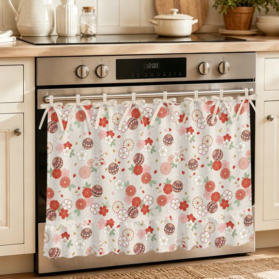 Oven Skirt Curtain for Kitchen 20x27 Inch, Red Beige Rosebuds Oven Curtain with 8 Ribbon Ties & Ruffle Trim, Stove Skirt Curtain Dishwasher for Cabinets Over Sinks Rustic RomanticFloral Botanical