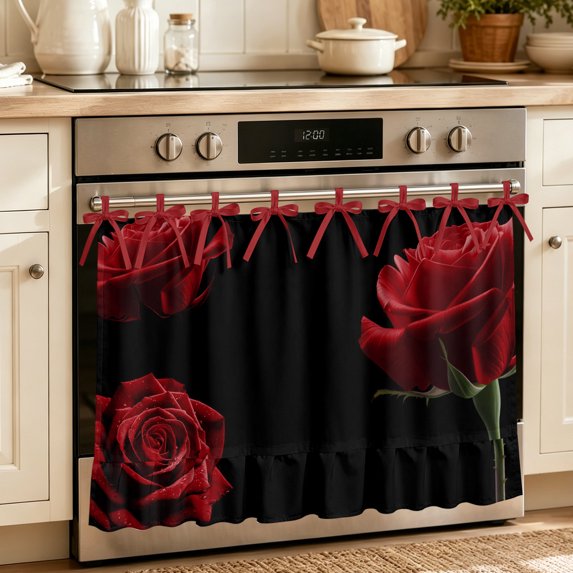 Oven Skirt Curtain for Kitchen 20x27 Inch, Red Rose Oven Curtain with 8 Ribbon Ties & Ruffle Trim, Stove Skirt Curtain Dishwasher for Cabinets Over Sinks Vintage Abstract Garden Flower Floral Black