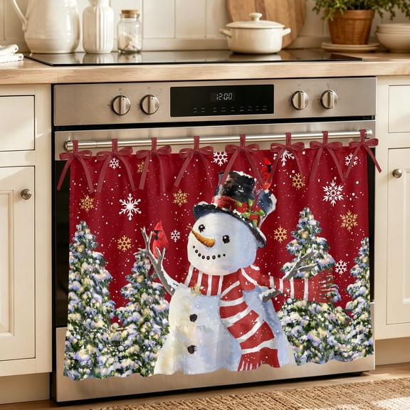 Oven Skirt Curtain for Kitchen 20x27 Inch, Red Snowman Oven Curtain with 8 Ribbon Ties & Ruffle Trim, Stove Skirt Curtain Dishwasher for Cabinets Over Sinks Christmas Tree Snowflake Winter Holiday