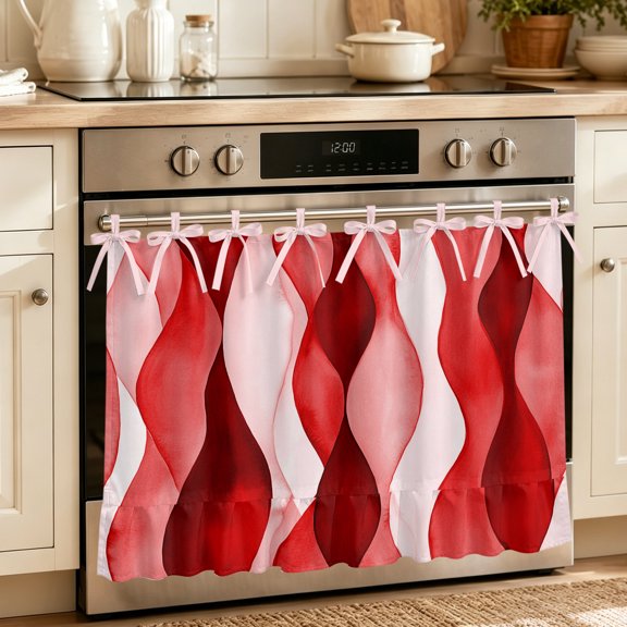 Oven Skirt Curtain for Kitchen 20x27 Inch, Red Striped Oven Curtain with 8 Ribbon Ties & Ruffle Trim, Stove Skirt Curtain Dishwasher for Cabinets Over Sinks Modern Gradient Geometric Ripple Stripes